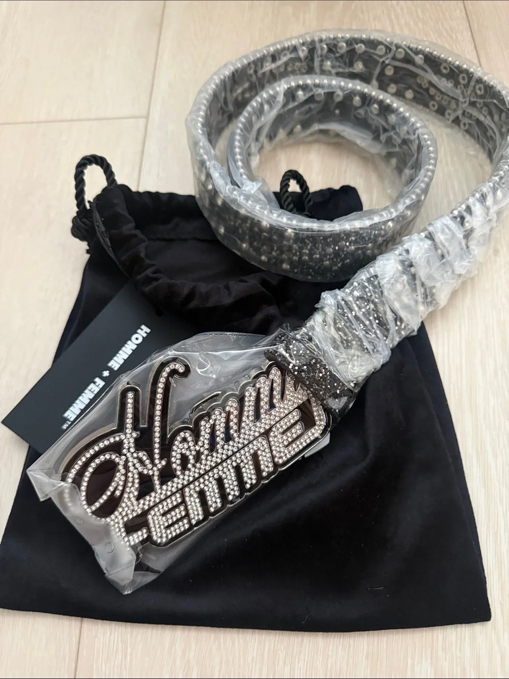 Homme + Femme Crystal-Logo Black Glitter Belt